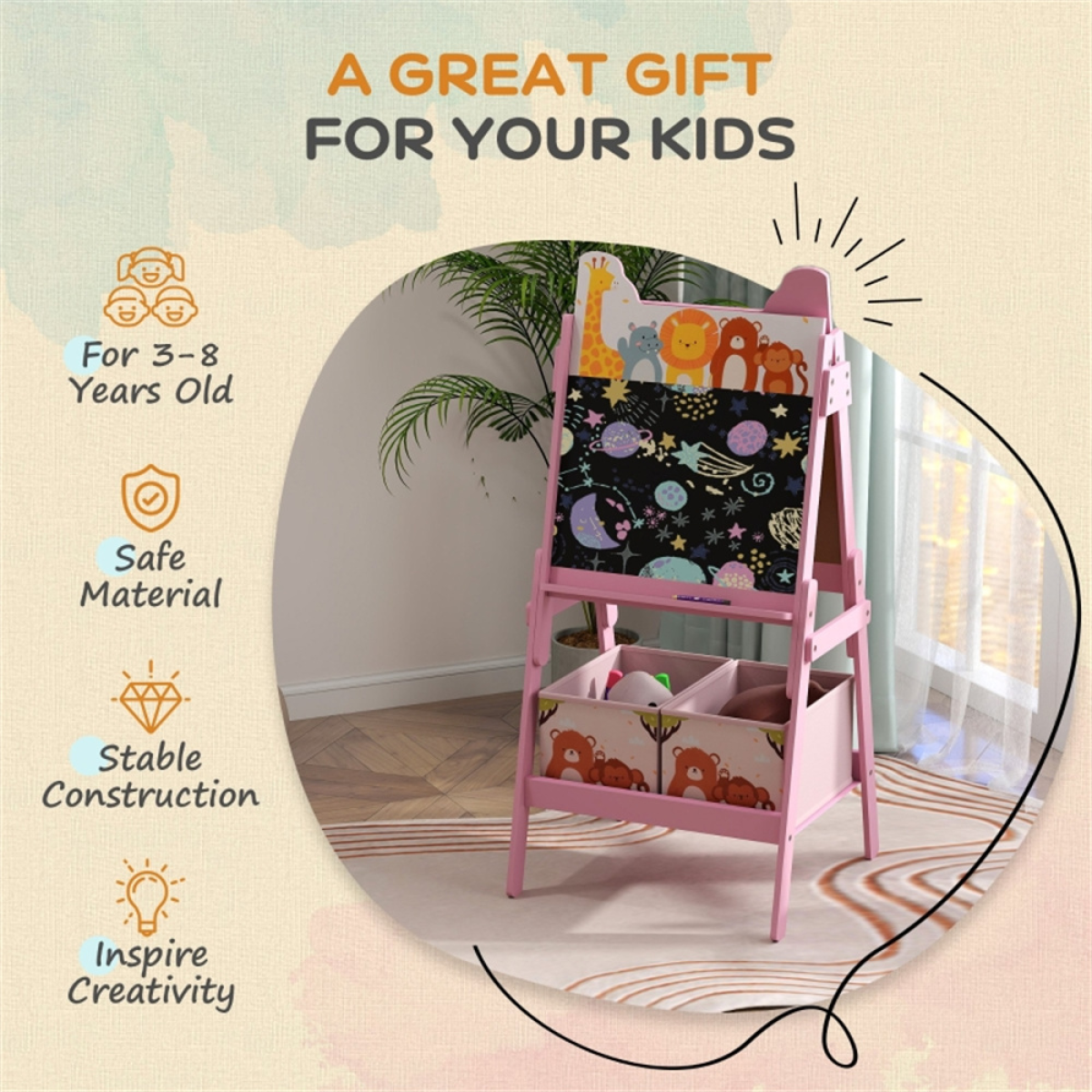 Kids Art Easel with 2-in-1 Blackboard & Whiteboard and Storage Boxes – Children's Drawing Board, Pink