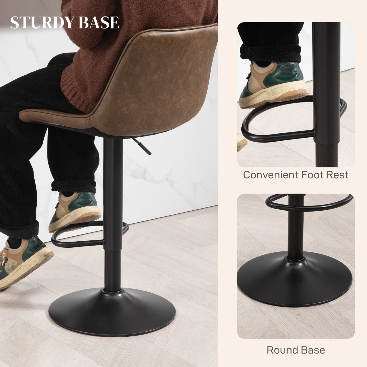 HOMCOM Set of 2 Adjustable 360° Swivel Bar Chairs with Backrest & Footrest – Kitchen Island Seating, Brown