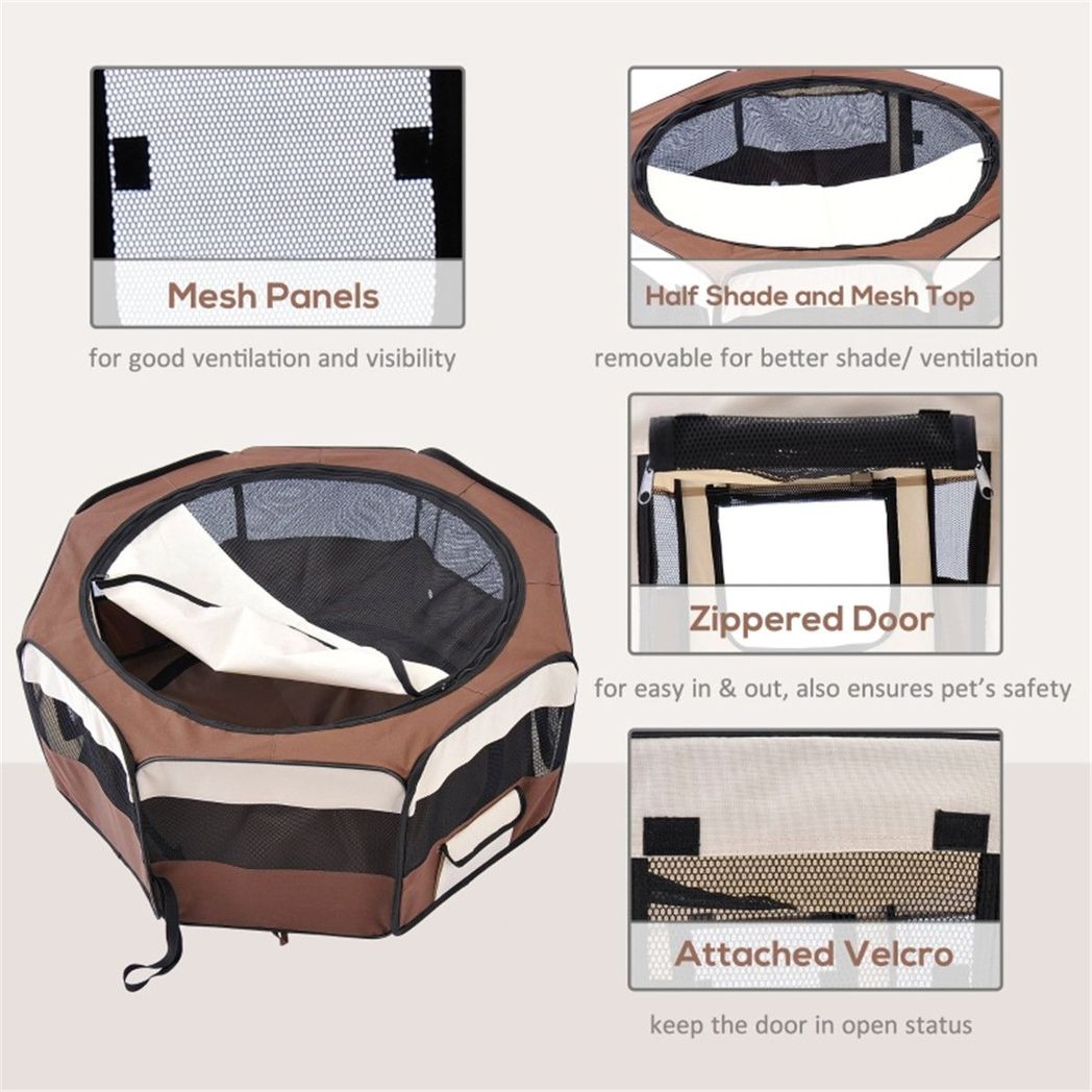 PawHut Foldable Pet Playpen with Waterproof Oxford Cover, Zipped Doors & Carry Bag – Small Pet Enclosure, Brown & Cream