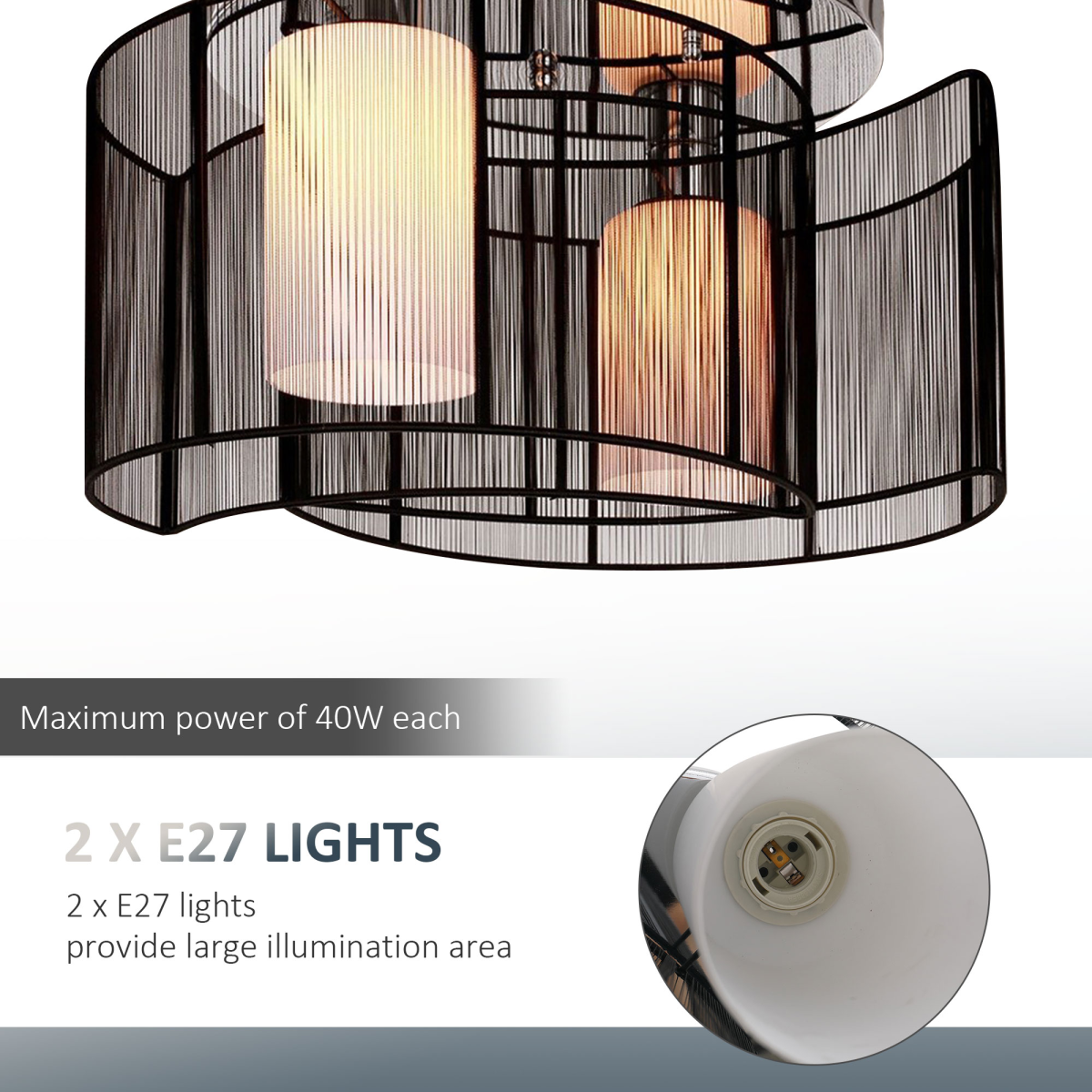 HOMCOM Flush Mount Chandelier with 2 Crescent Wire Shades and Glass Lightshades – Modern Ceiling Light