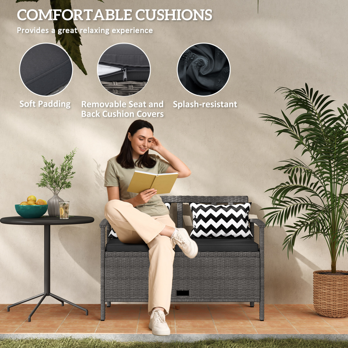 Outsunny 160L Rattan Garden Storage Bench with Cushioned Seat & Pillow Back – 2-in-1 Outdoor Seating, Grey