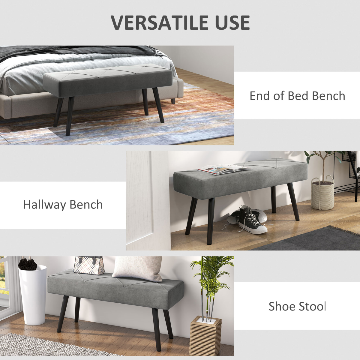 HOMCOM Velvet-Feel End of Bed Bench with Steel Legs – Upholstered Bedroom, Hallway or Window Seat, Grey