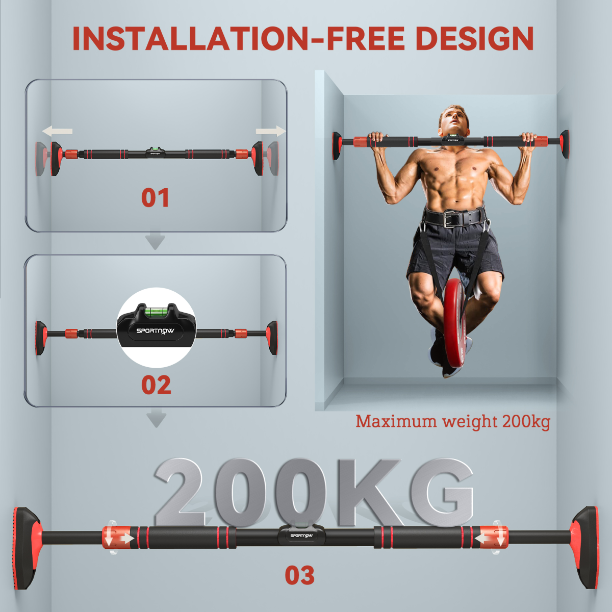 SPORTNOW Doorway Pull Up Bar, Adjustable 96–130cm, No Screws, 200kg Capacity – Home Gym Chin Up Bar