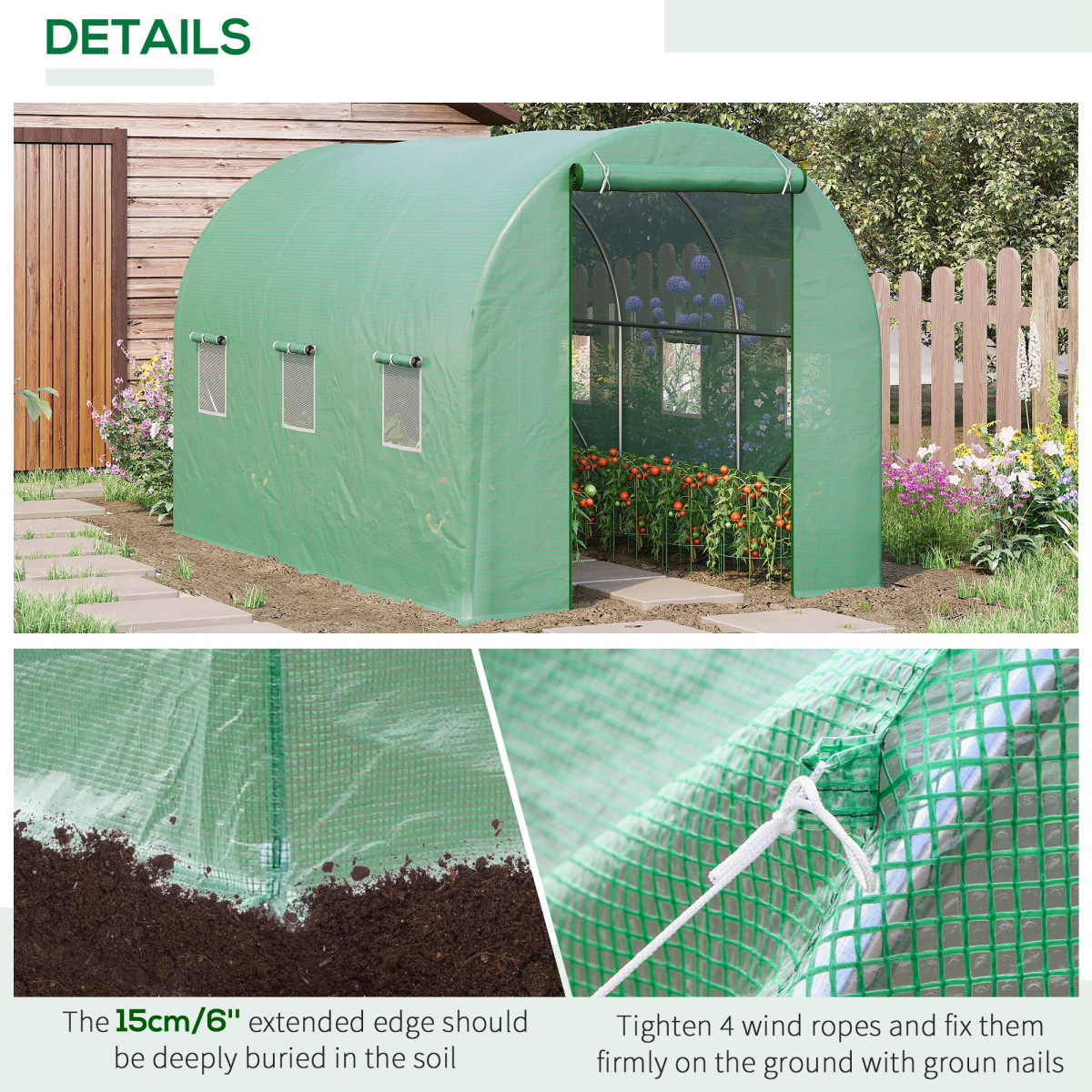 Walk-in Tunnel Greenhouse with 6 Windows & Zipped Roll-up Door – Steel Frame, 11.5 x 6.6 x 6.6ft, Deep Green