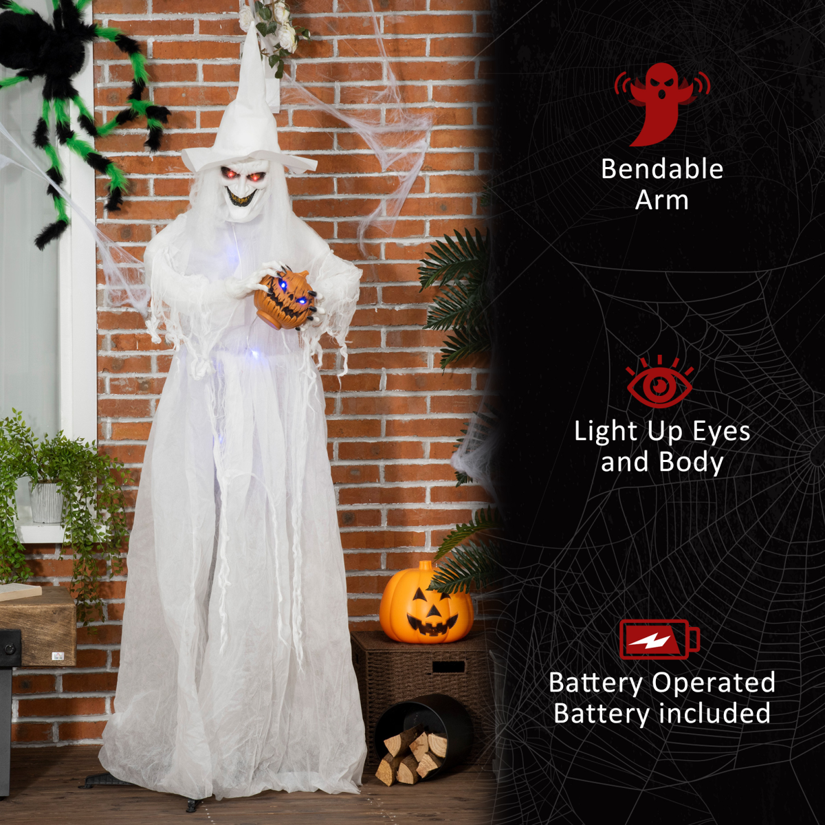 HOMCOM 72 Inch Halloween White Witch Holding Pumpkin – Button-Activated Light-Up Skeleton Ghost Decoration
