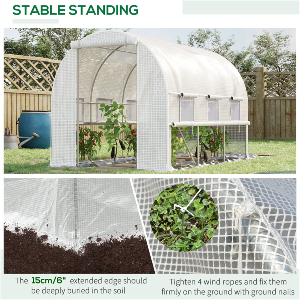 Walk-In Tunnel Greenhouse with Galvanised Steel Frame, Roll-Up Doors & Windows – UV-Protective PE Cover, White
