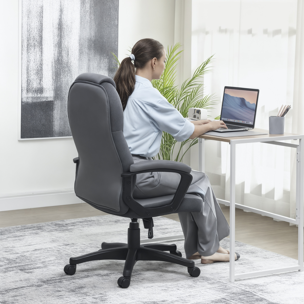 High Back Faux Leather Executive Office Chair with Tilt and Padded Armrests – Charcoal Grey