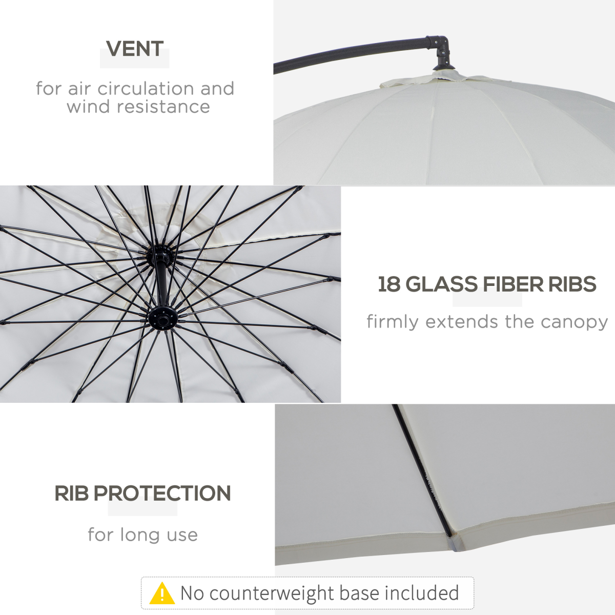 Outsunny 3m Offset Cantilever Parasol with Hand Crank, 18 Fibreglass Ribs & Cross Base – Garden Shade, Off-White