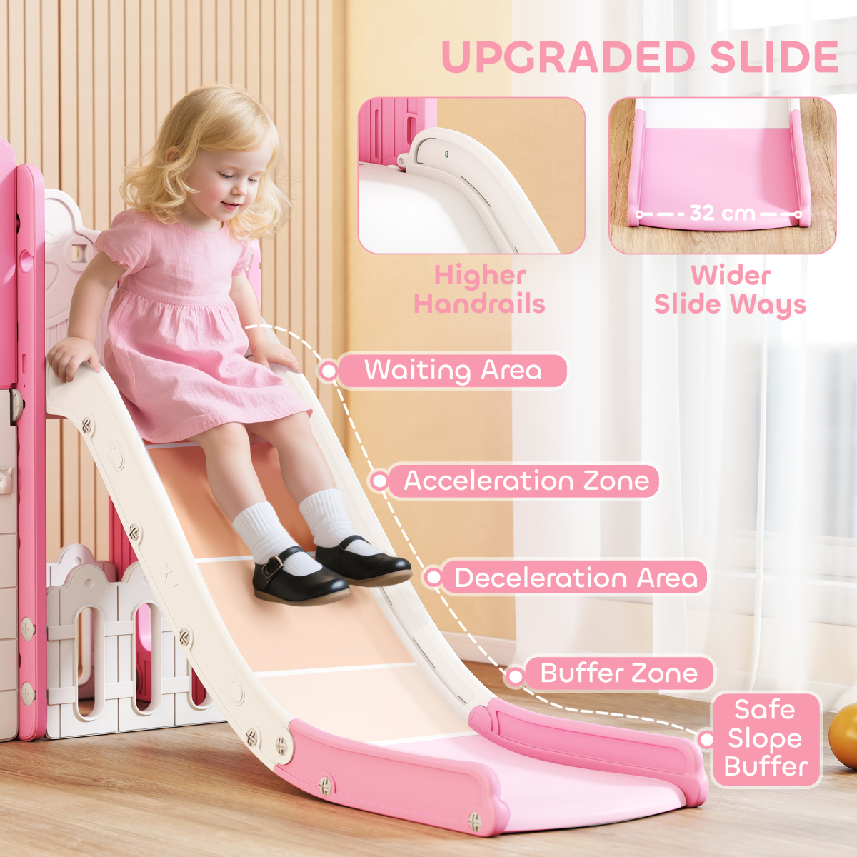 7-in-1 Kids Slide Set with Swing, Basketball Hoop, Telescope & Drawing Board – Indoor Play, Ages 1-3, Pink