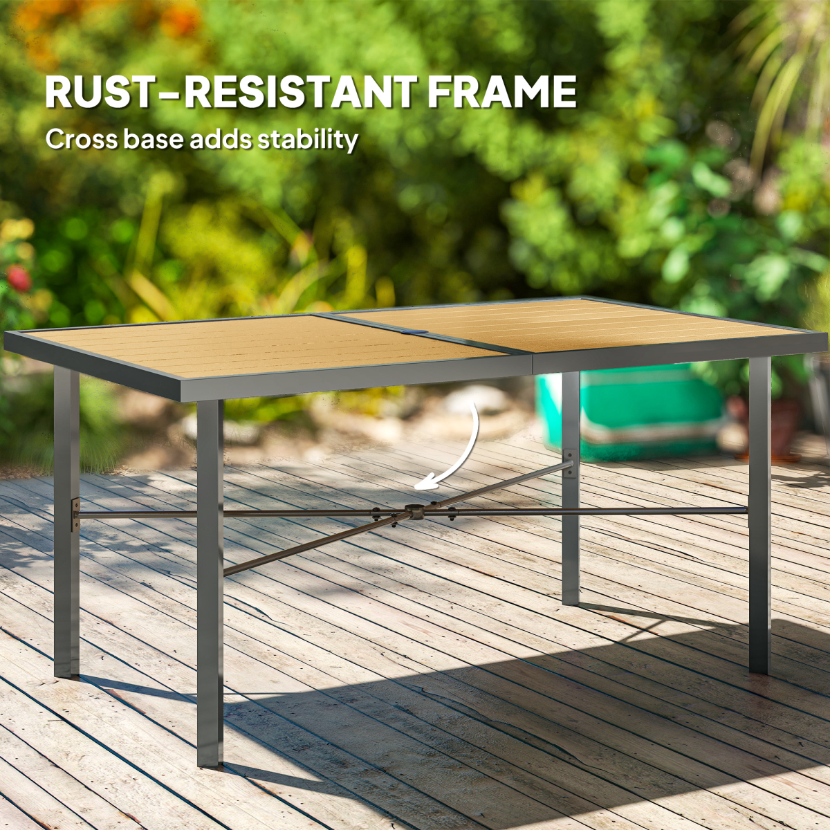 Outsunny Garden Table for 6 with Wood-Effect Galvanised Steel Top & 5cm Umbrella Hole – Outdoor Dining, Grey