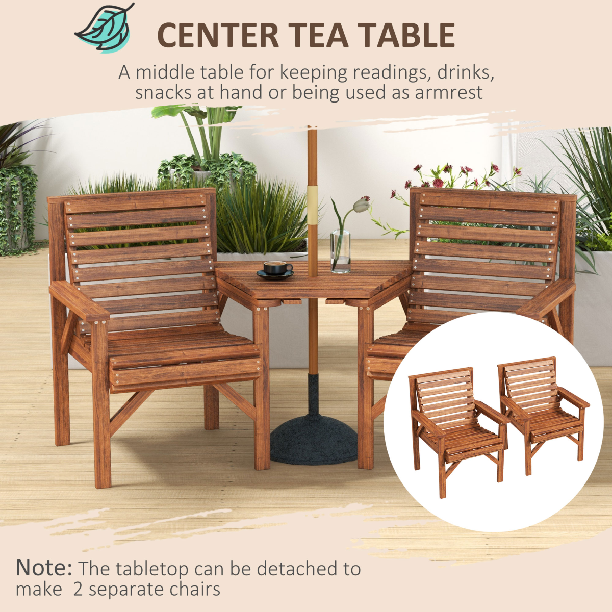 Outsunny Wooden Garden Love Seat Bench with Coffee Table & Parasol Hole – 2 Seater Fir Wood, Tan Brown