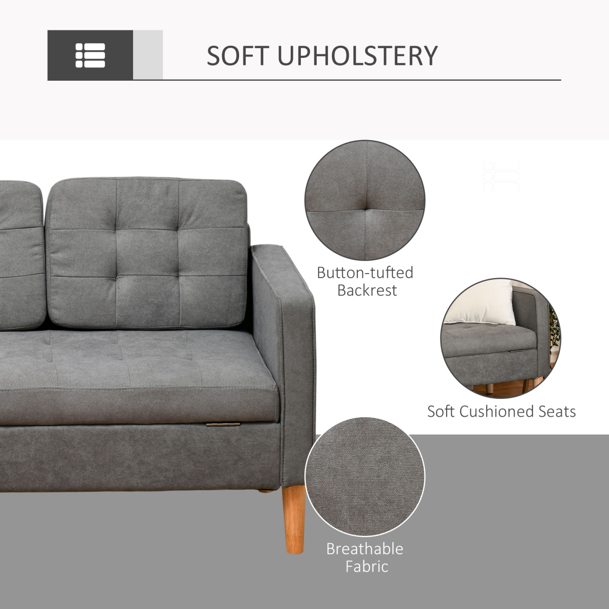 HOMCOM 3-Seater Button-Tufted Fabric Sofa with Hidden Storage and Rubberwood Legs – Compact Couch