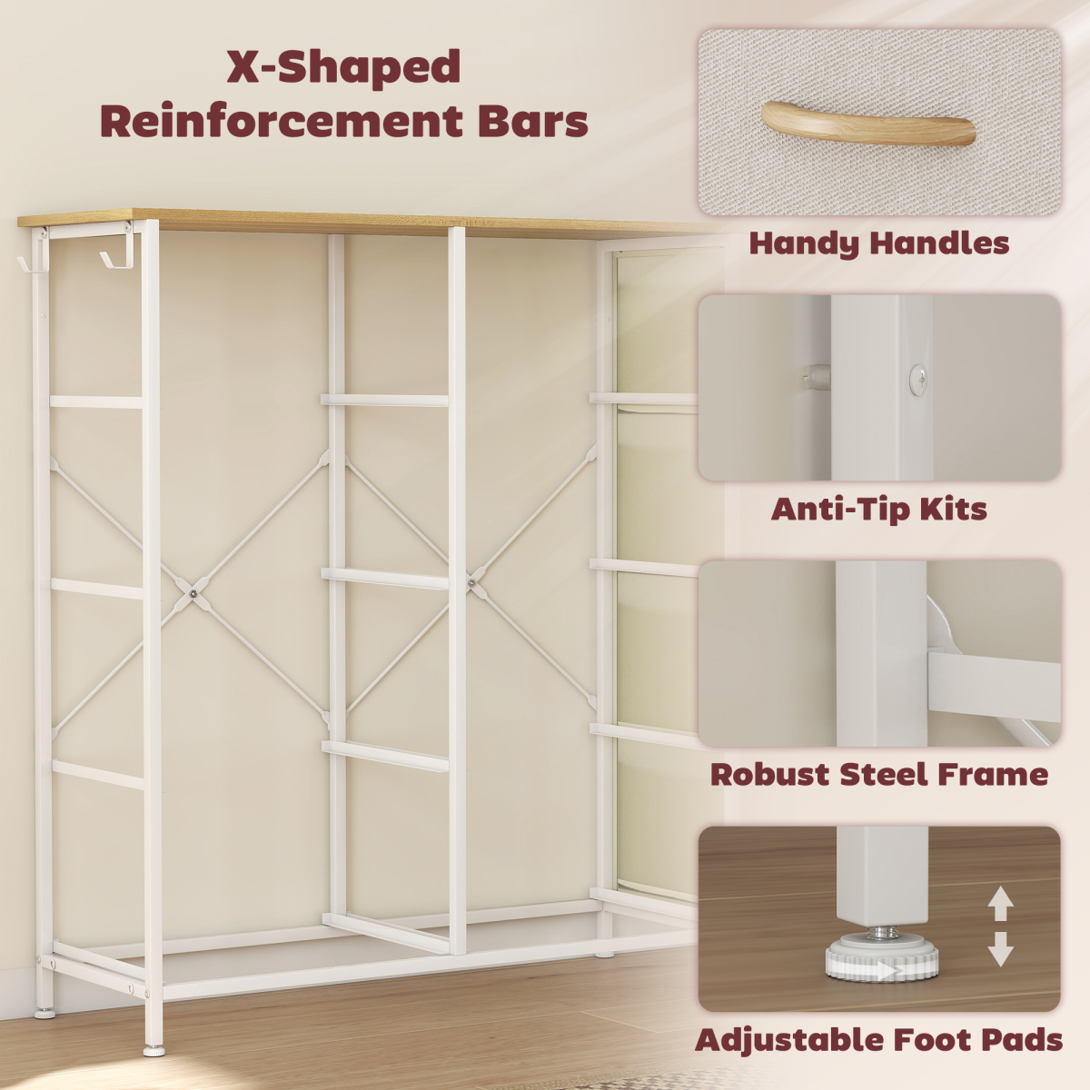 Fabric Chest of Drawers with 8 Drawers, Side Pockets & Hooks – Steel Frame Storage Unit, Beige and Natural Wood