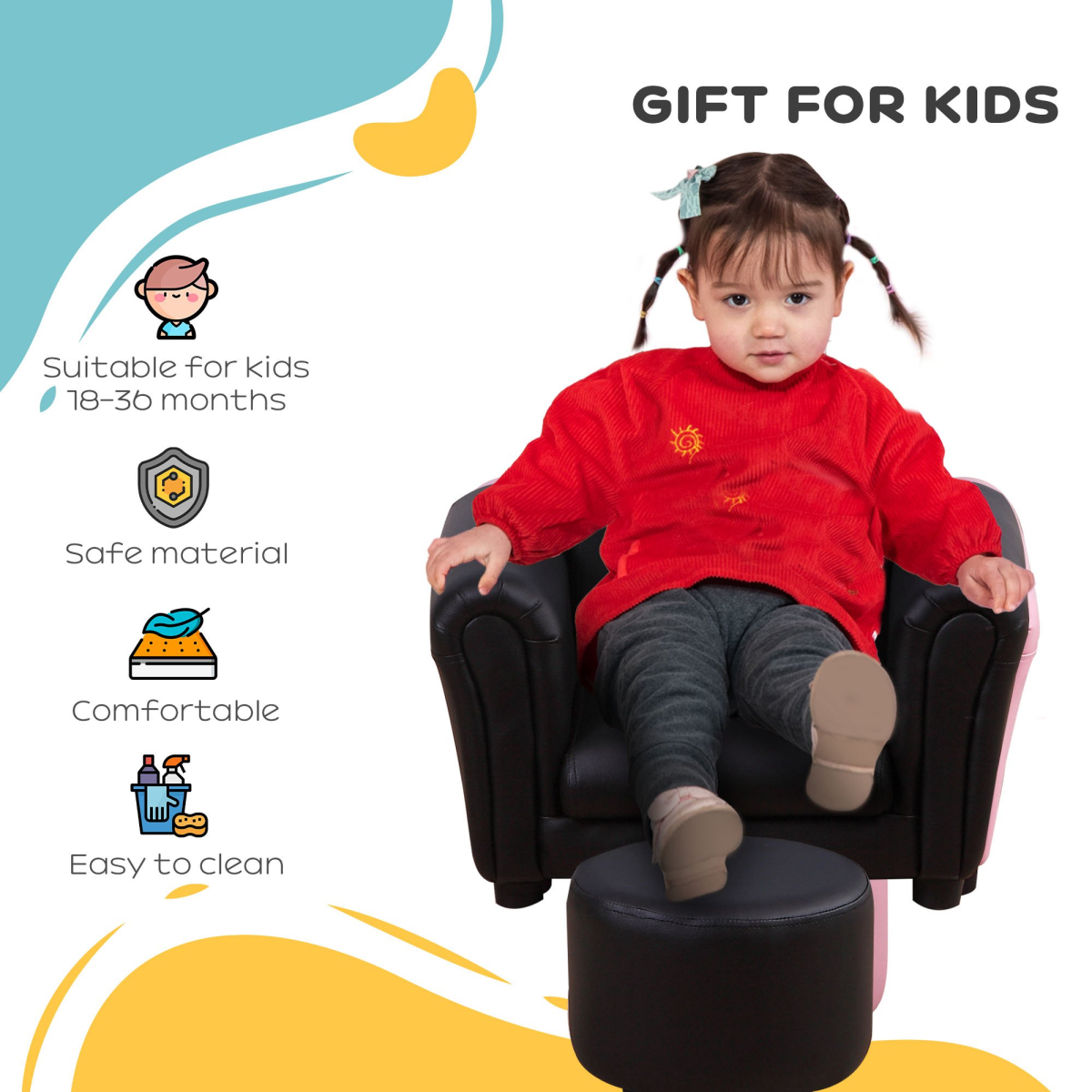HOMCOM Kids Sofa Chair and Footstool Set – 2-Piece Armchair for Bedroom or Playroom, Ages 18-36 Months, Black