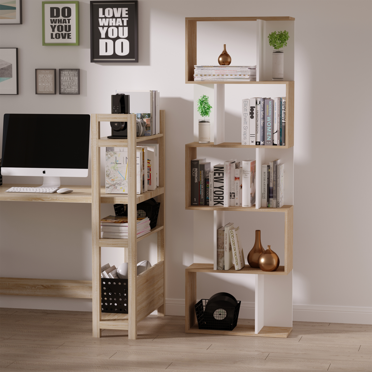S-Shaped 5-Tier Bookcase – Modern Open-Back Shelf and Room Divider with Anti-Fall Hardware, White
