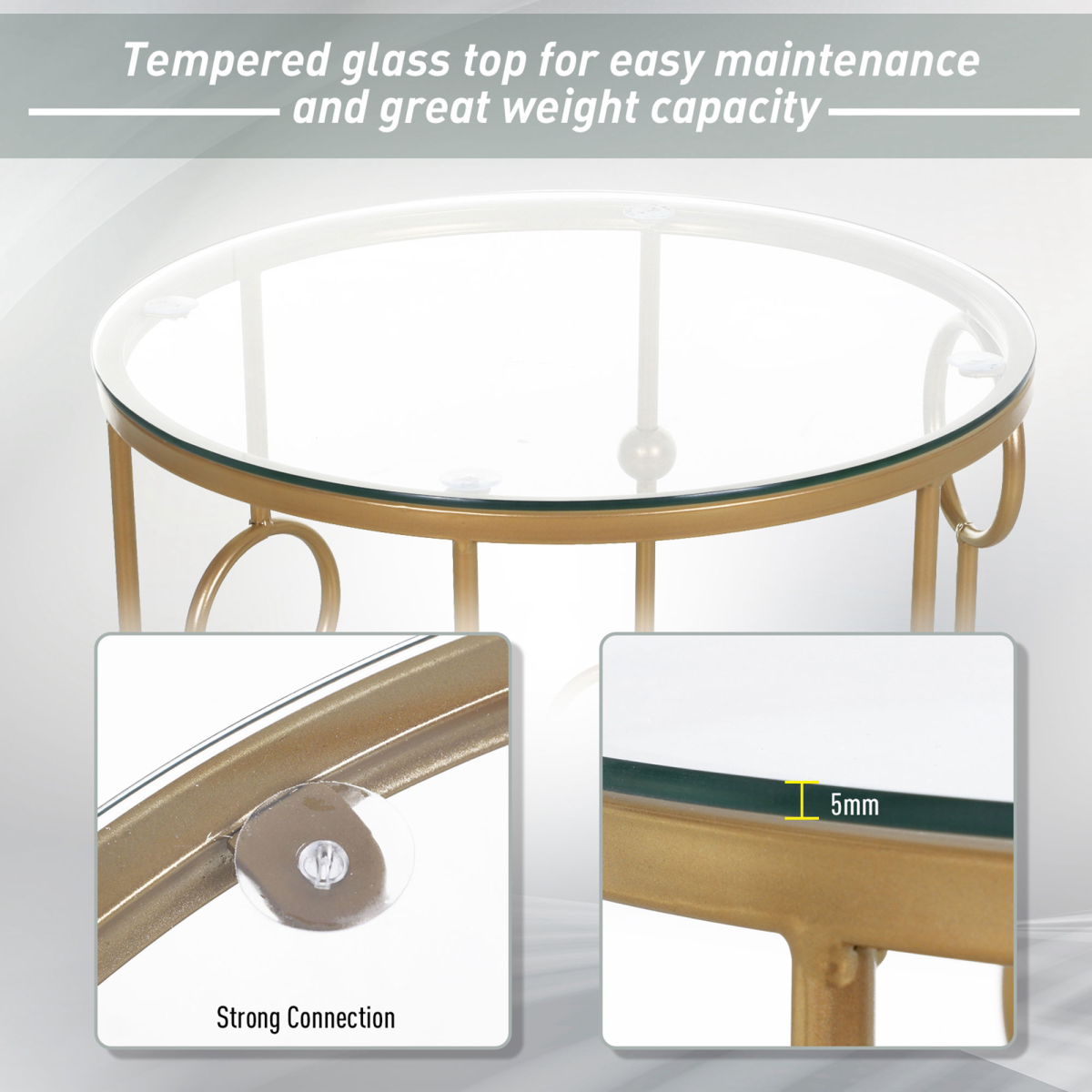 HOMCOM Set of 2 Gold Nesting Side Tables with Tempered Glass Tops – Space-Saving Coffee Tables