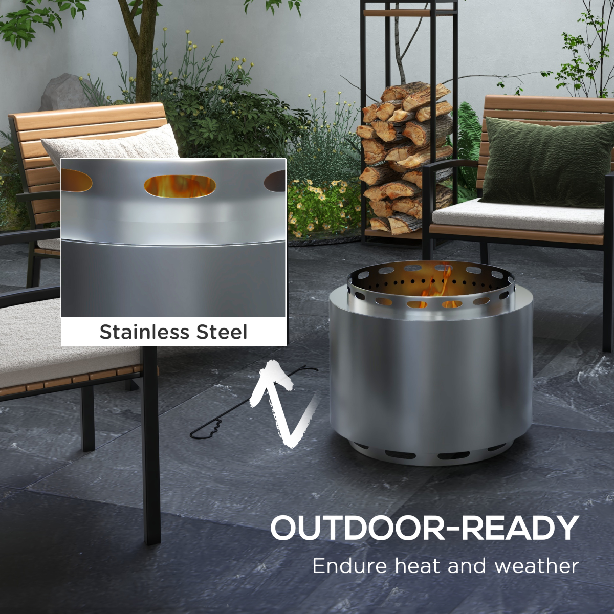 Outsunny Smokeless Wood Burning Fire Pit with Secondary Combustion & Poker, 48.5cm Stainless Steel – Garden Patio Heater, Silver