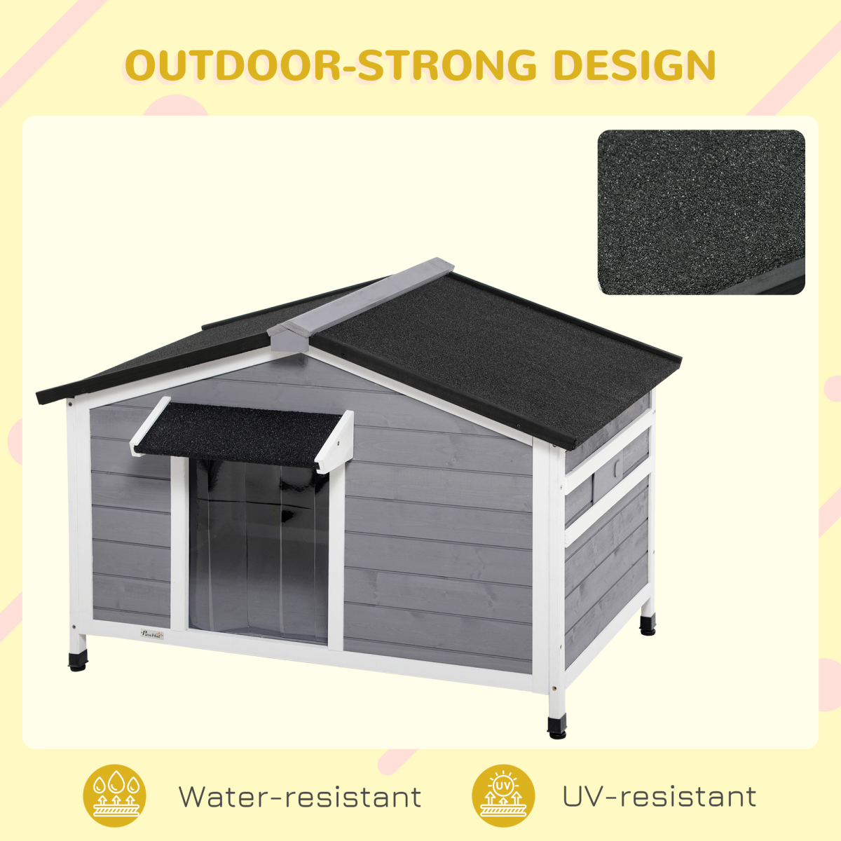 PawHut Large Wooden Dog Kennel for Outside with Door Eaves – Fir Wood Pet House, 109 x 79 x 72 cm, Grey