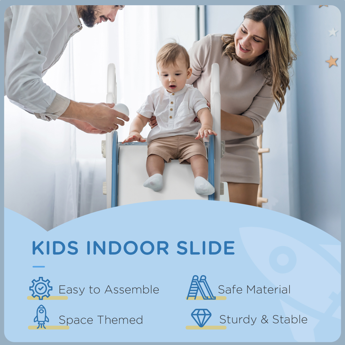 AIYAPLAY Toddler Freestanding Slide with Non-Slip Stairs – Space-Themed Indoor Slide, Ages 1.5-3, Blue