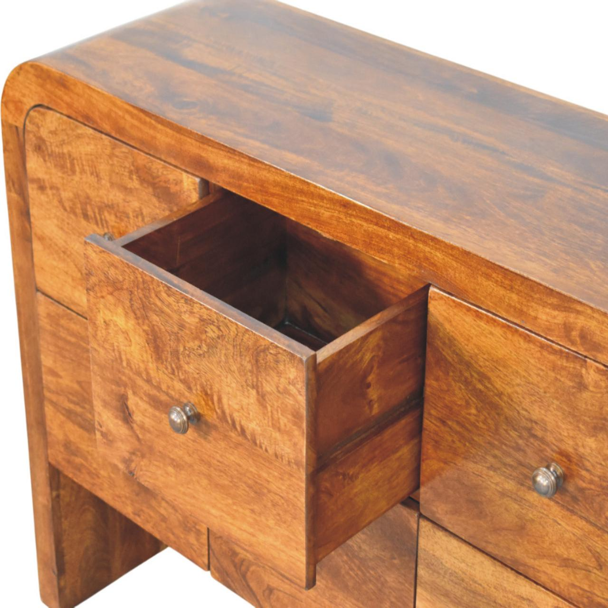 Artisan Furniture Solid Wood Darcy 3 over 3 Drawer Chest with Curved Silhouette – Brass Knobs, Chestnut Brown
