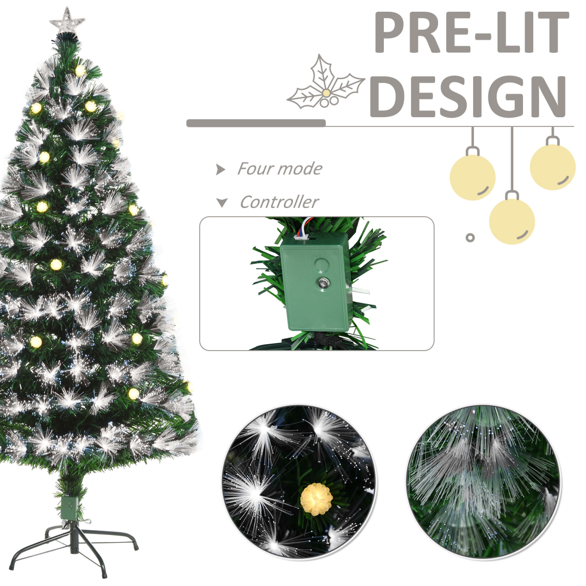 HOMCOM 5ft White Light Christmas Tree with 180 Lights, Star Topper and Tri-Base – Pre-Lit Home Decoration