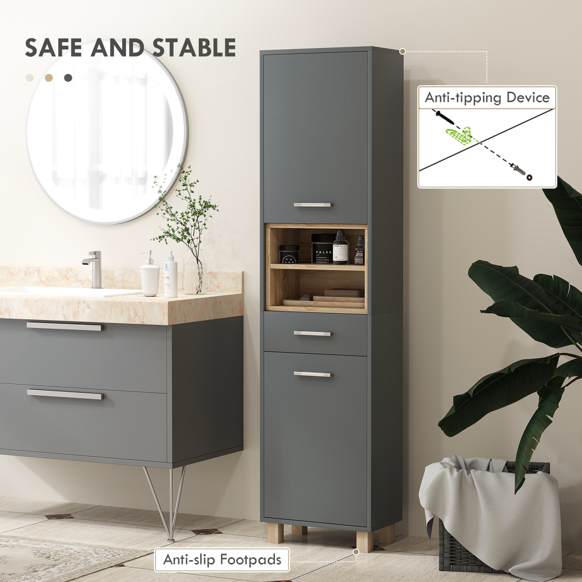 HOMCOM Bathroom Storage Unit with Two Cabinets, Open Shelves & Drawer – Freestanding Tall Cabinet, Grey