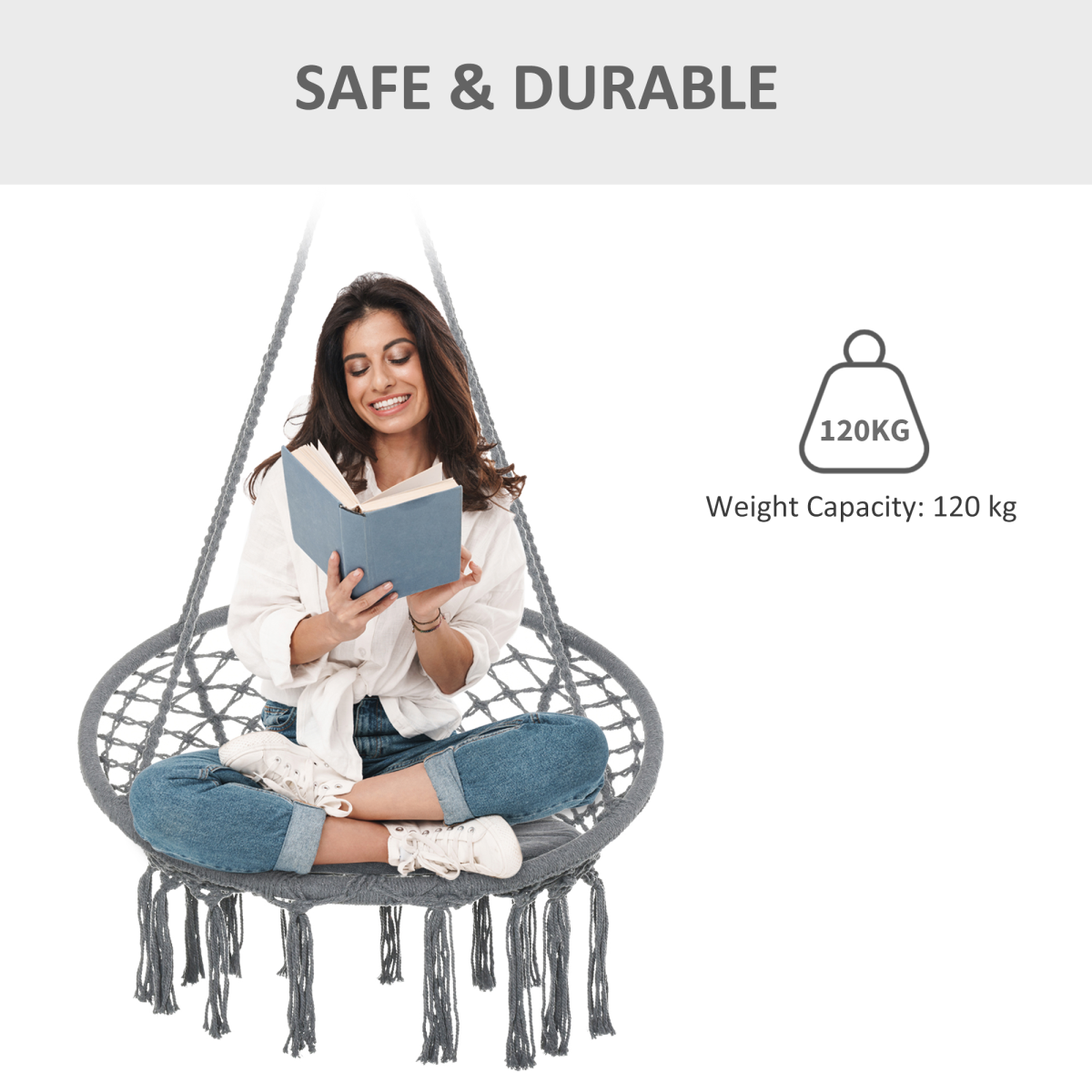 Outsunny Macrame Hanging Chair Swing Hammock with Padded Cushion & Backrest – Indoor Outdoor Hanging Seat, Grey