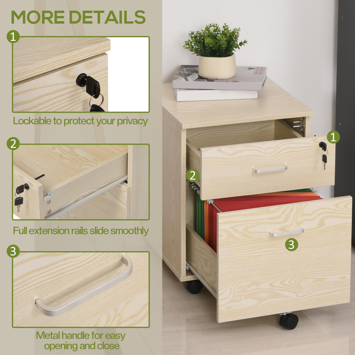 Vinsetto 2-Drawer Locking Mobile Filing Cabinet on Wheels – Home Office Document Storage, Oak