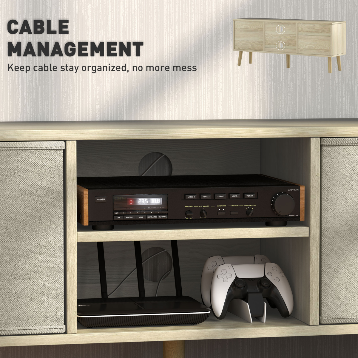 HOMCOM Modern TV Cabinet Stand with Two Removable Fabric Drawers and Shelves – Bedroom Media Unit, Natural