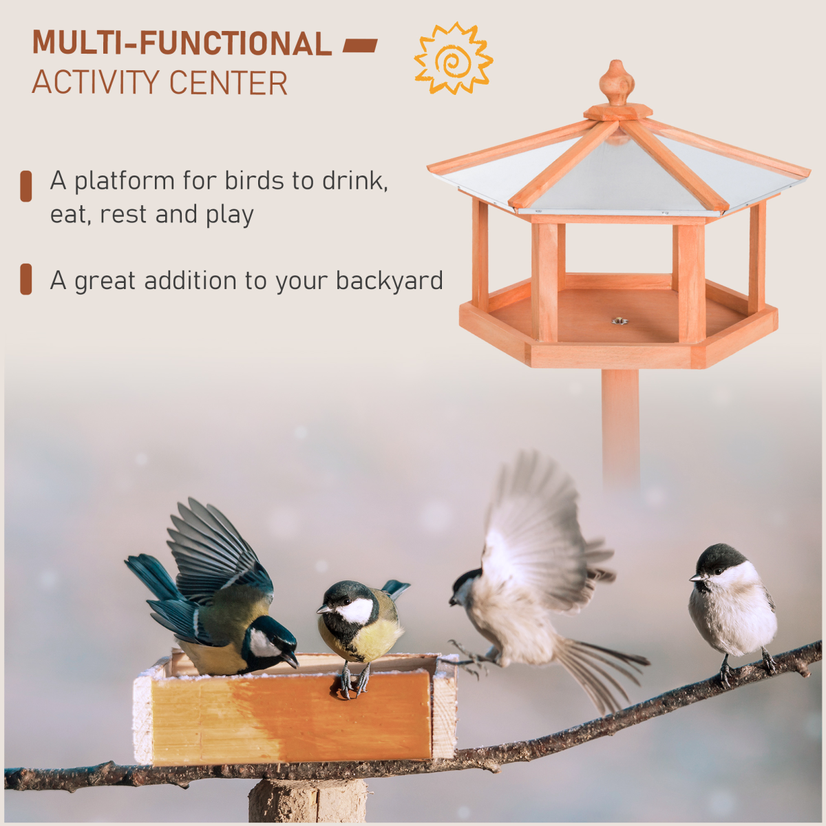 PawHut Wooden Bird Feeder Stand with Pitched Roof – Garden Feeding Station and Platform, Fir Wood Tripod Base