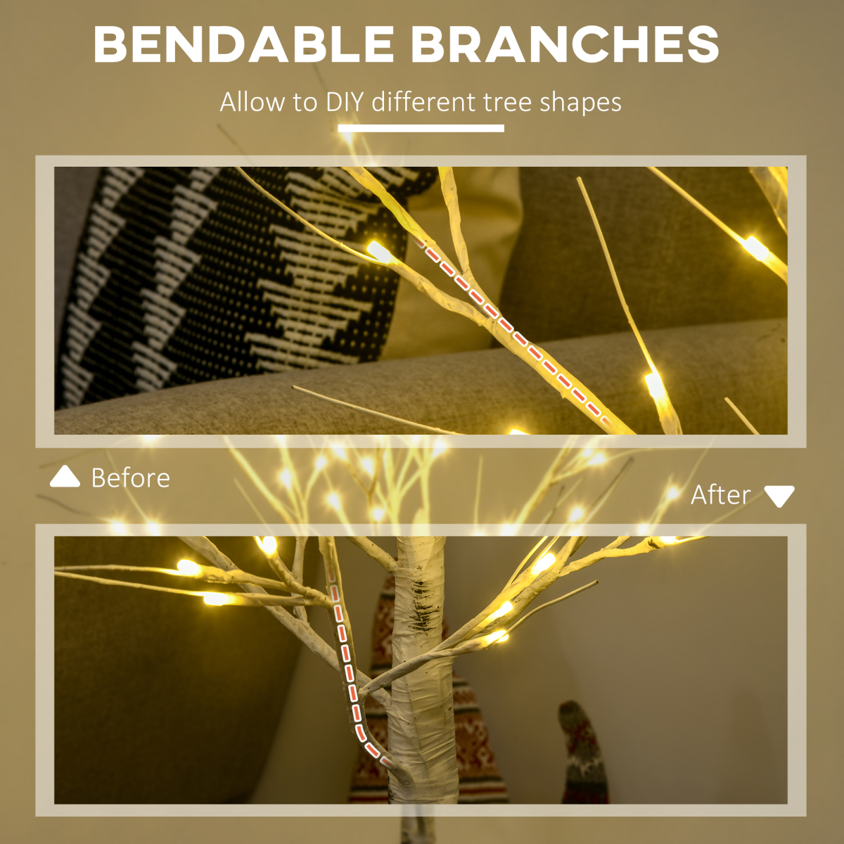 HOMCOM 4ft Artificial White Birch Tree with 72 Warm White LEDs – Pre-Lit Indoor and Covered Outdoor Decor