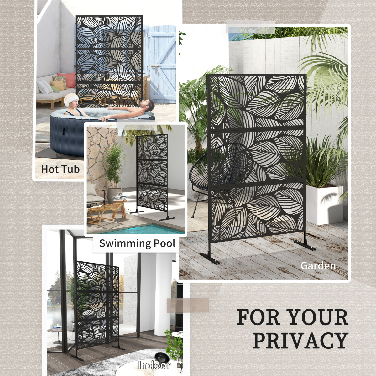 Outsunny 3-Panel Steel Leaf Garden Privacy Screen with Stand & Trellis – 6.5ft Decorative Space Divider, Black