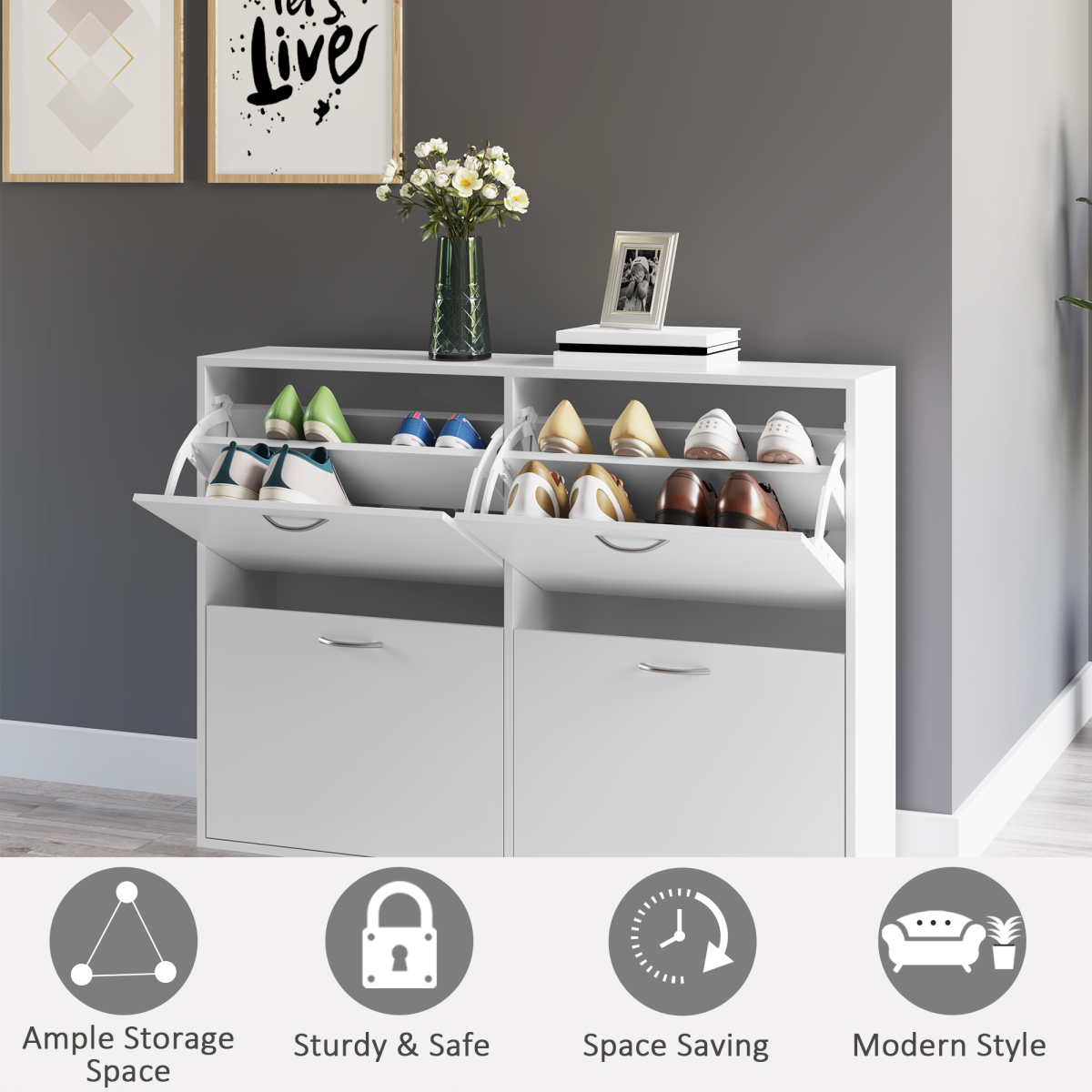 Wooden 4-Drawer Flip-Down Shoe Cabinet – Holds 16–24 Pairs, Slim Space-Saving Hallway Storage, White