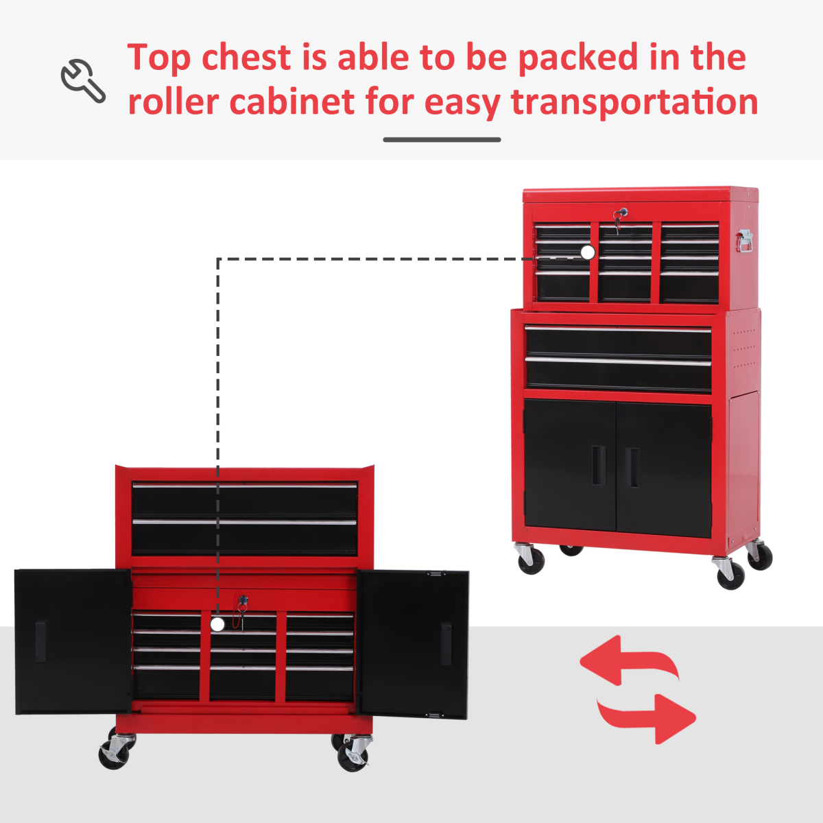 HOMCOM Portable Steel Tool Top Chest with Storage Drawers & Lift-Up Lid – Workshop Tool Storage, Red