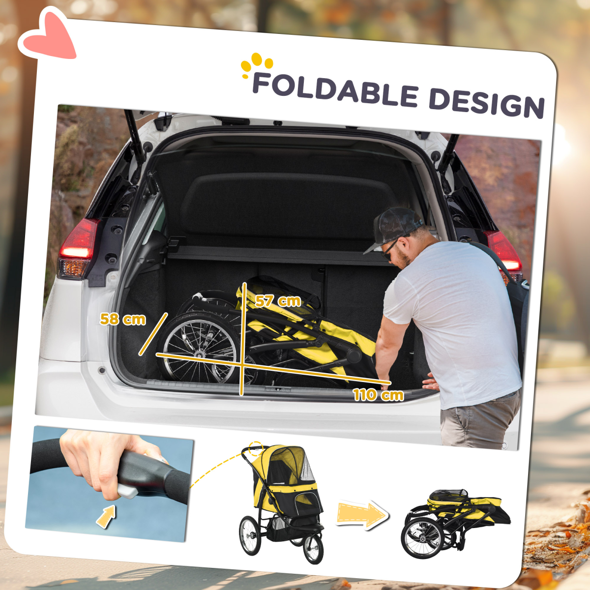 PawHut 3-Wheel Foldable Pet Stroller with Adjustable Canopy – For Small and Medium Dogs and Cats, Yellow
