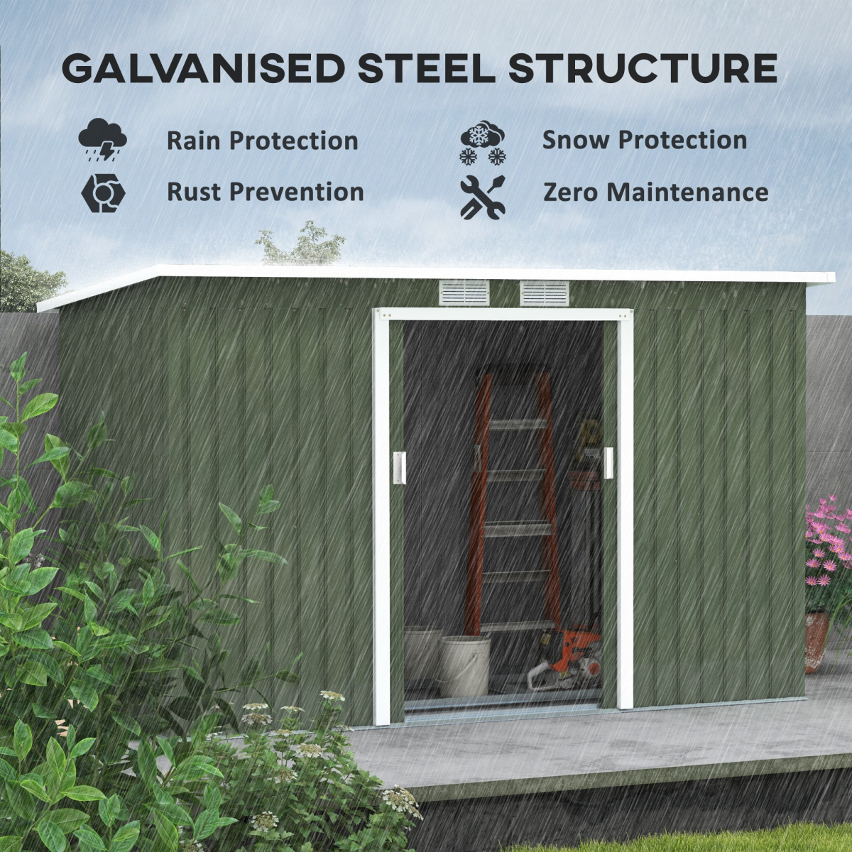Metal Garden Shed with Sliding Lockable Double Doors, 2 Vents & Foundation Kit – 280 x 130cm, Light Green