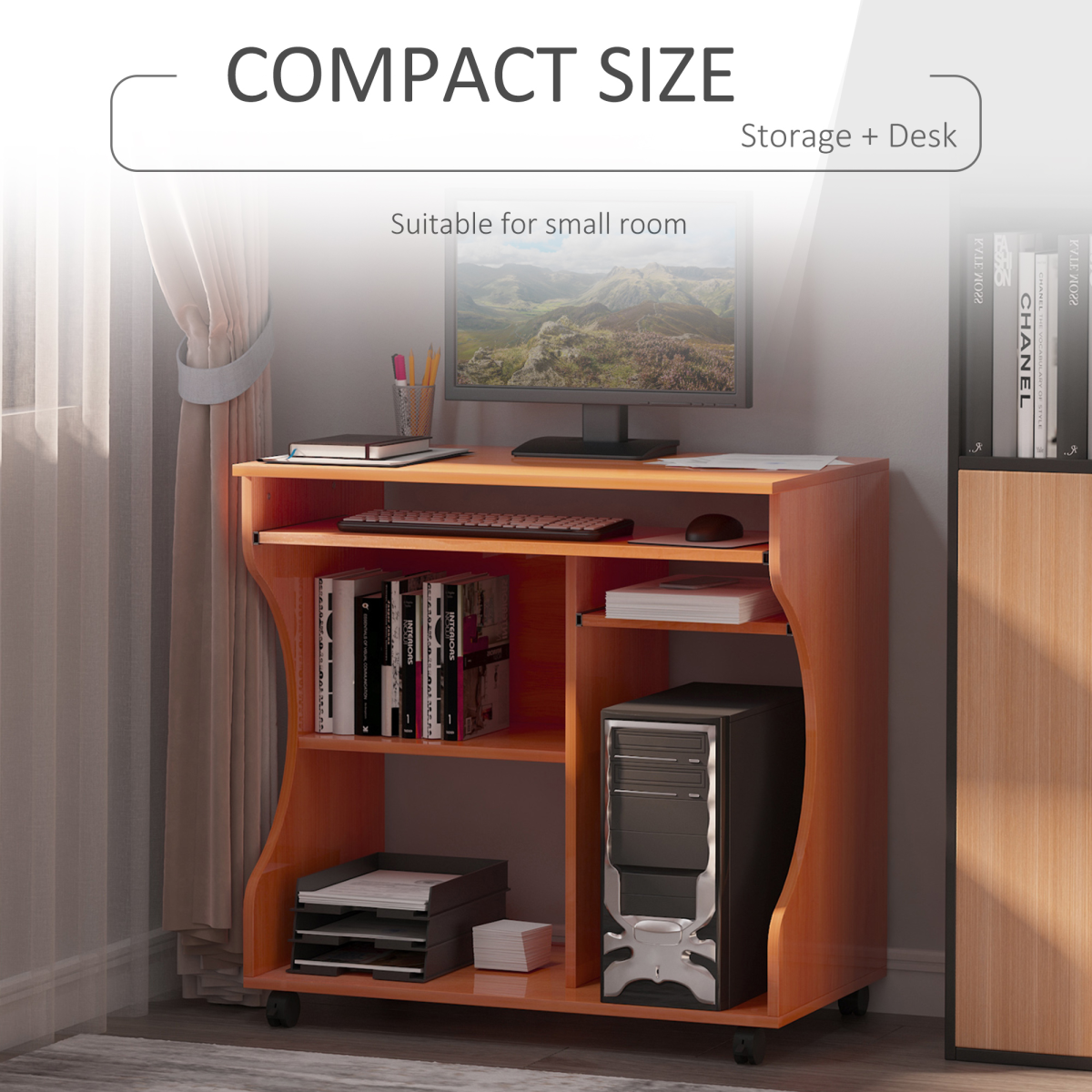 HOMCOM Computer Desk with Wheels, Pull-Out Keyboard Tray and Shelves – Mobile Laptop Writing Table, Cherry Wood