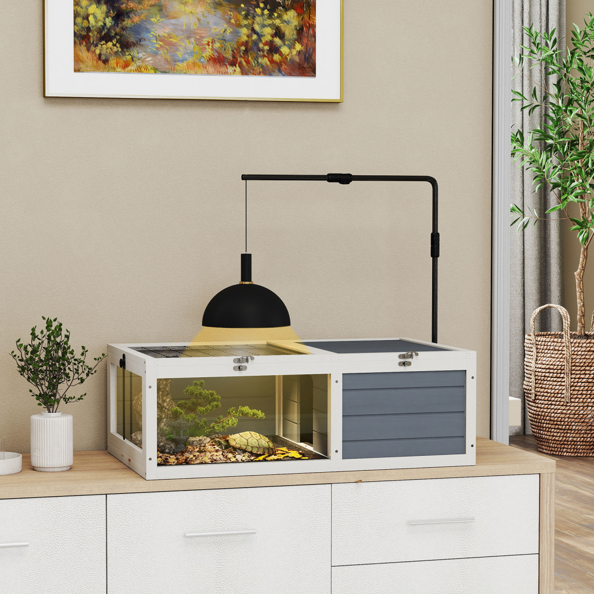 Wooden Tortoise House with Run, Adjustable Lamp Holder, Hide Box & Double Trays – Grey & White
