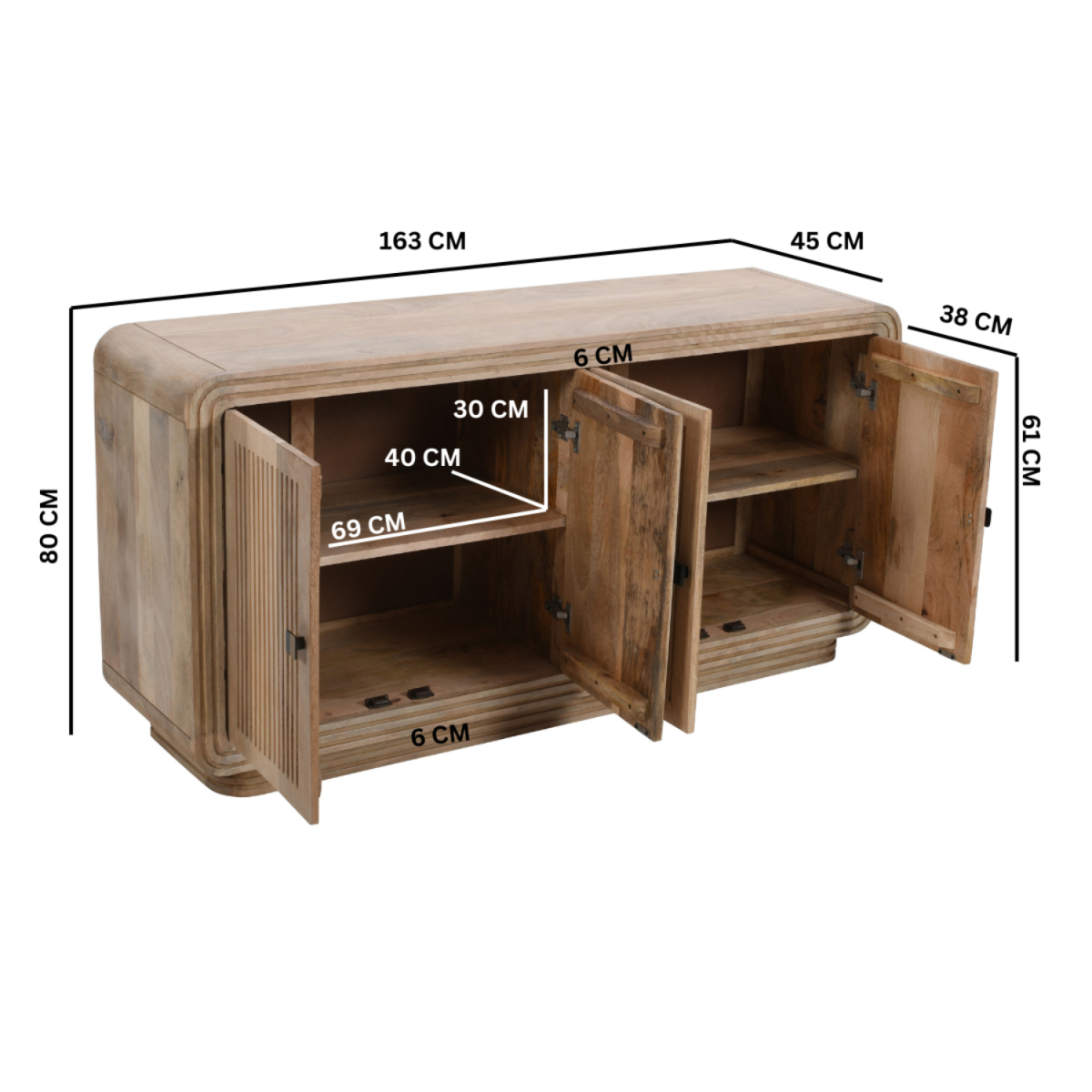 Indian Hub Hudson Carved Mango Wood 4 Door Large Sideboard – Hand-Crafted Storage Cabinet