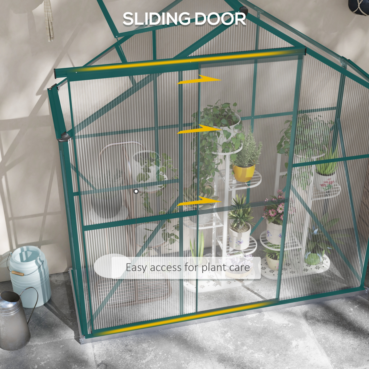 Outsunny 6 x 2.5ft Polycarbonate Greenhouse with Aluminium Frame & Sliding Door – Adjustable Vent, Green