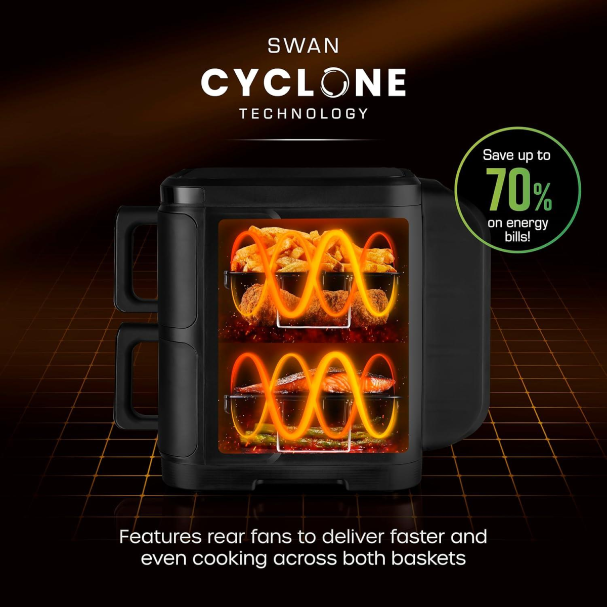 Swan 11L Twin Stack Dual Layer Air Fryer with 2 x 5.5L Baskets – Family Cooking, Space-Saving