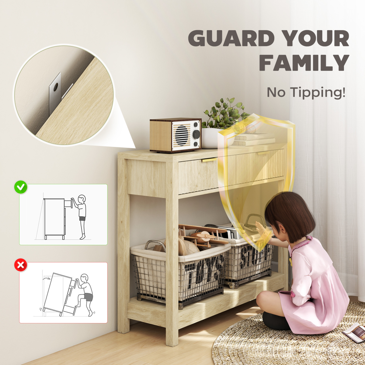 HOMCOM Narrow Console Table with 2 Fluted Drawers & Open Shelf – Slim Hallway Table, Natural