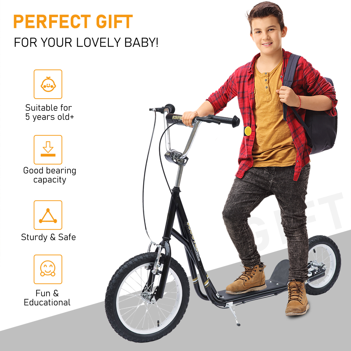 HOMCOM Teen Scooter with Adjustable Height, Dual Brakes, Big Rubber Wheels & Kickstand – Ages 5+