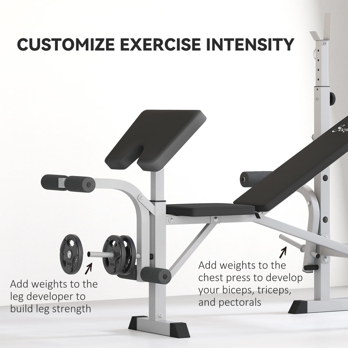 HOMCOM Adjustable Weight Bench with Squat Rack, Leg Developer & Plate Storage – Home Gym Workout Bench, Grey