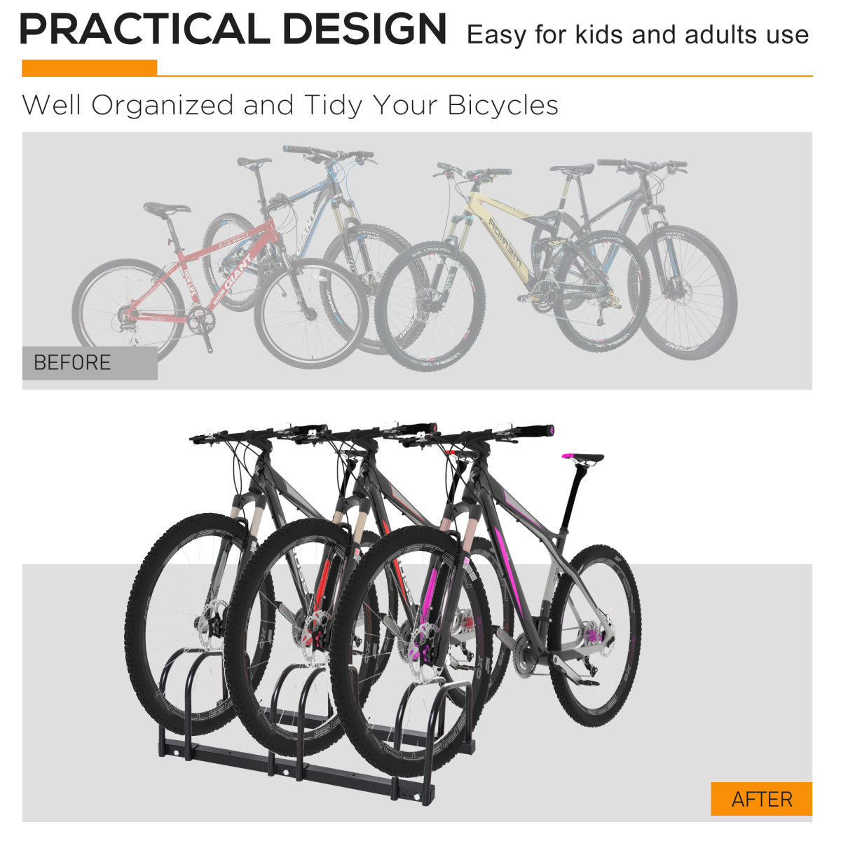HOMCOM 3-Bike Parking Rack, Galvanised Steel Floor or Wall Mounted Bicycle Stand – Detachable Cycle Storage, Black