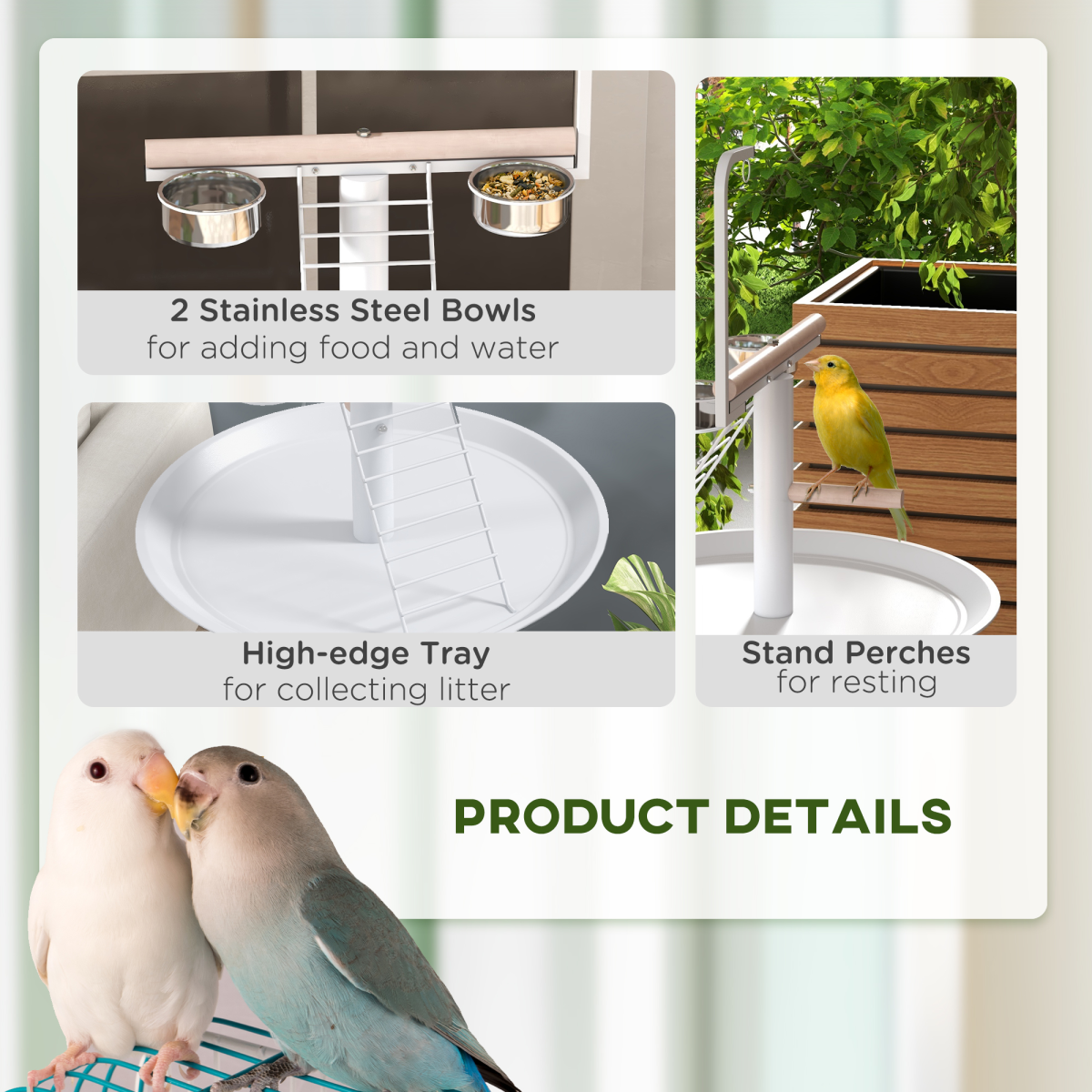 PawHut Bird Table with Four Wheels, Perches and Stainless Steel Bowls – Small Parrot Stand, White