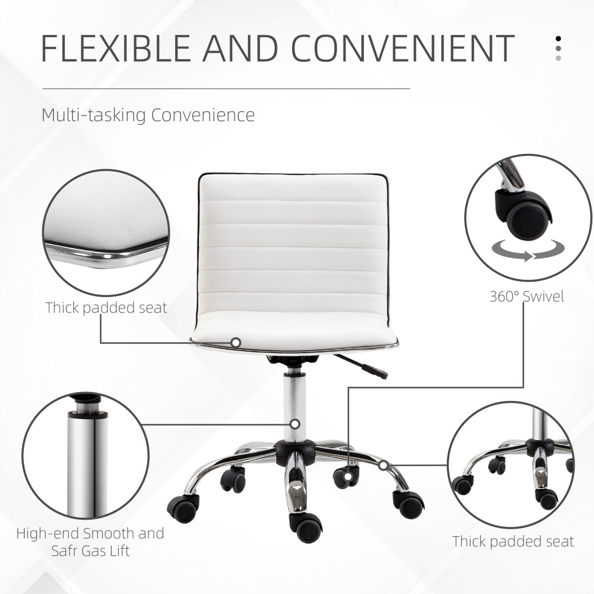 HOMCOM Armless Mid-Back Ergonomic Office Chair with 360 Swivel and Adjustable Height – PU Leather, White