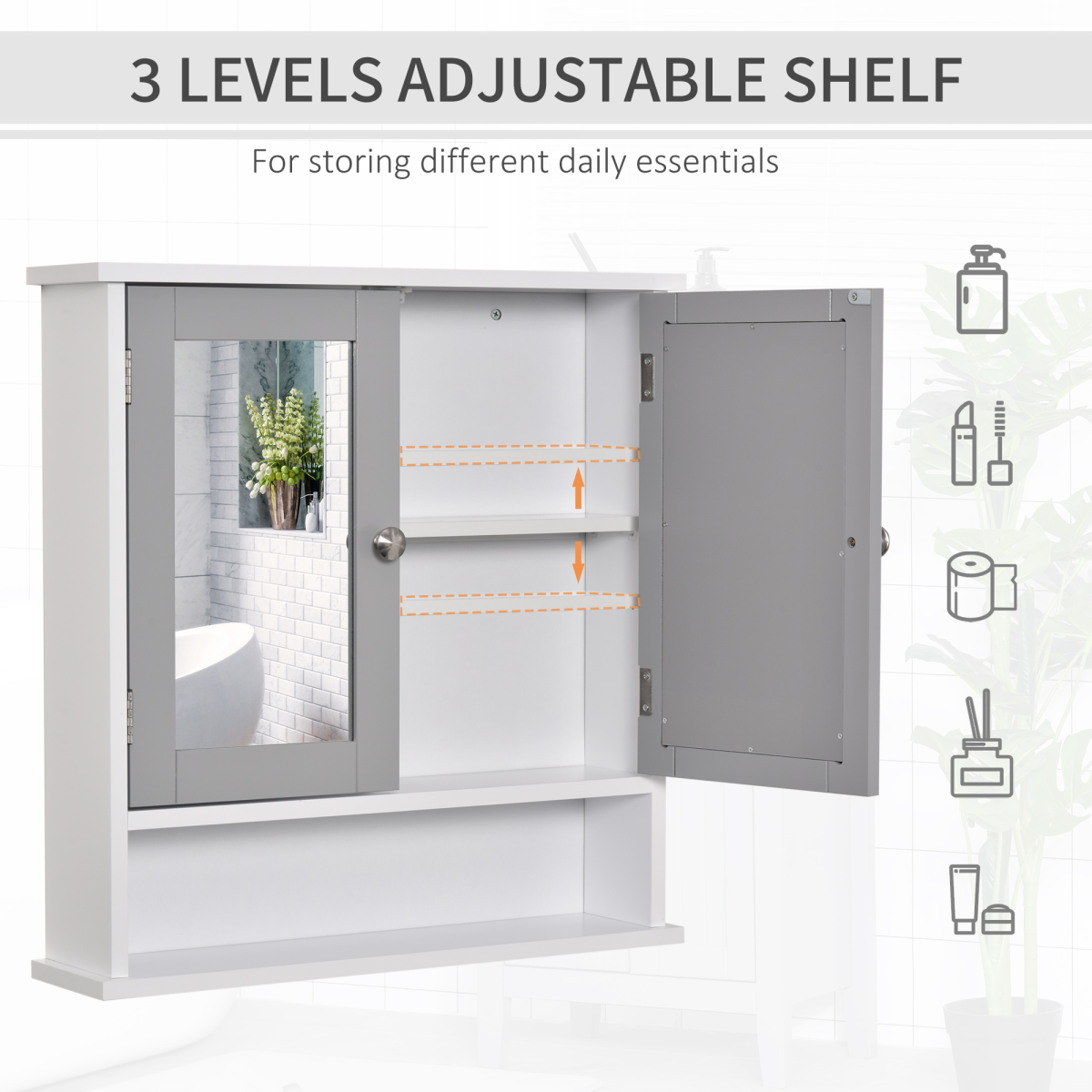 kleankin Wall-Mounted Mirror Cabinet with Double Mirrored Doors and Open Shelf – Bathroom Storage, Grey