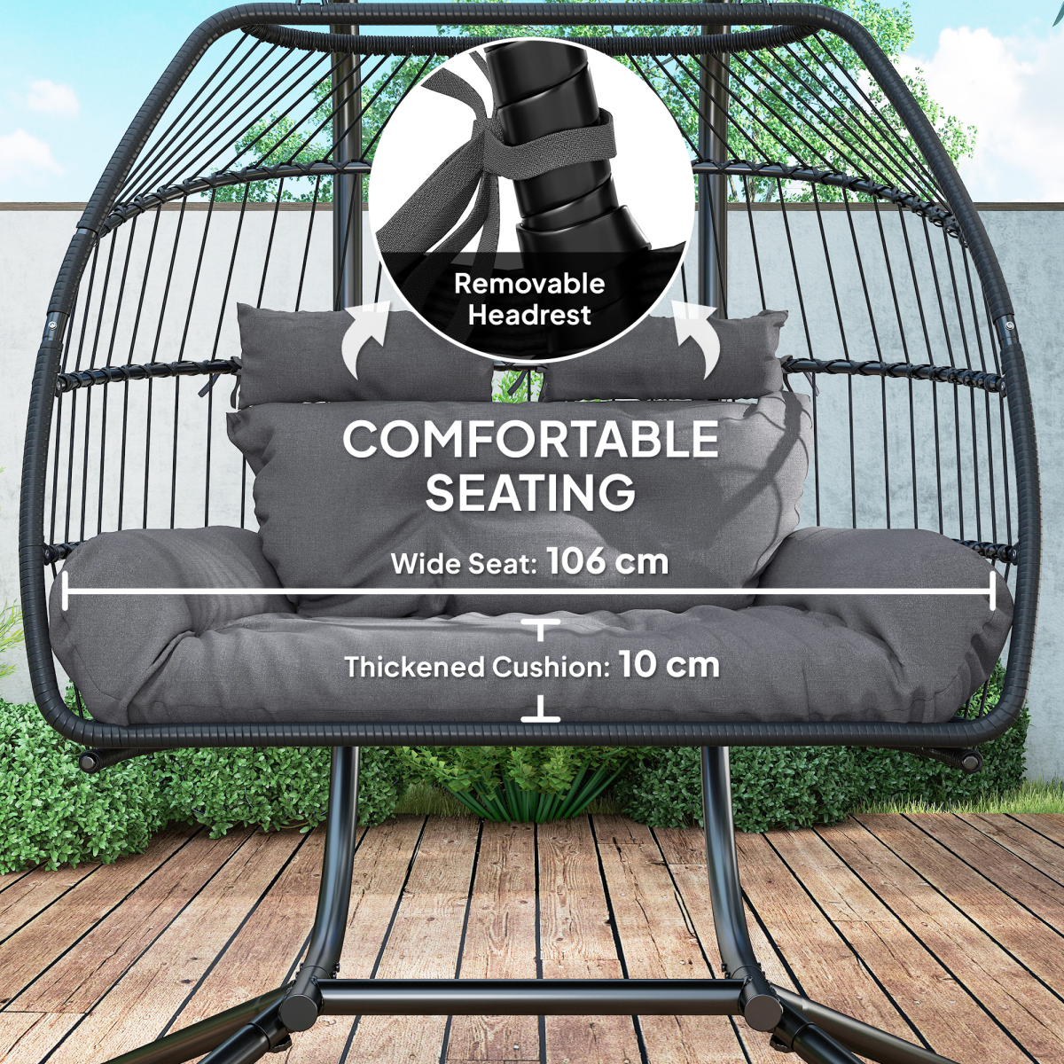 Outsunny Rattan Double Hanging Egg Chair with Stand and Cushion – Foldable Garden Swing Seat, Dark Grey