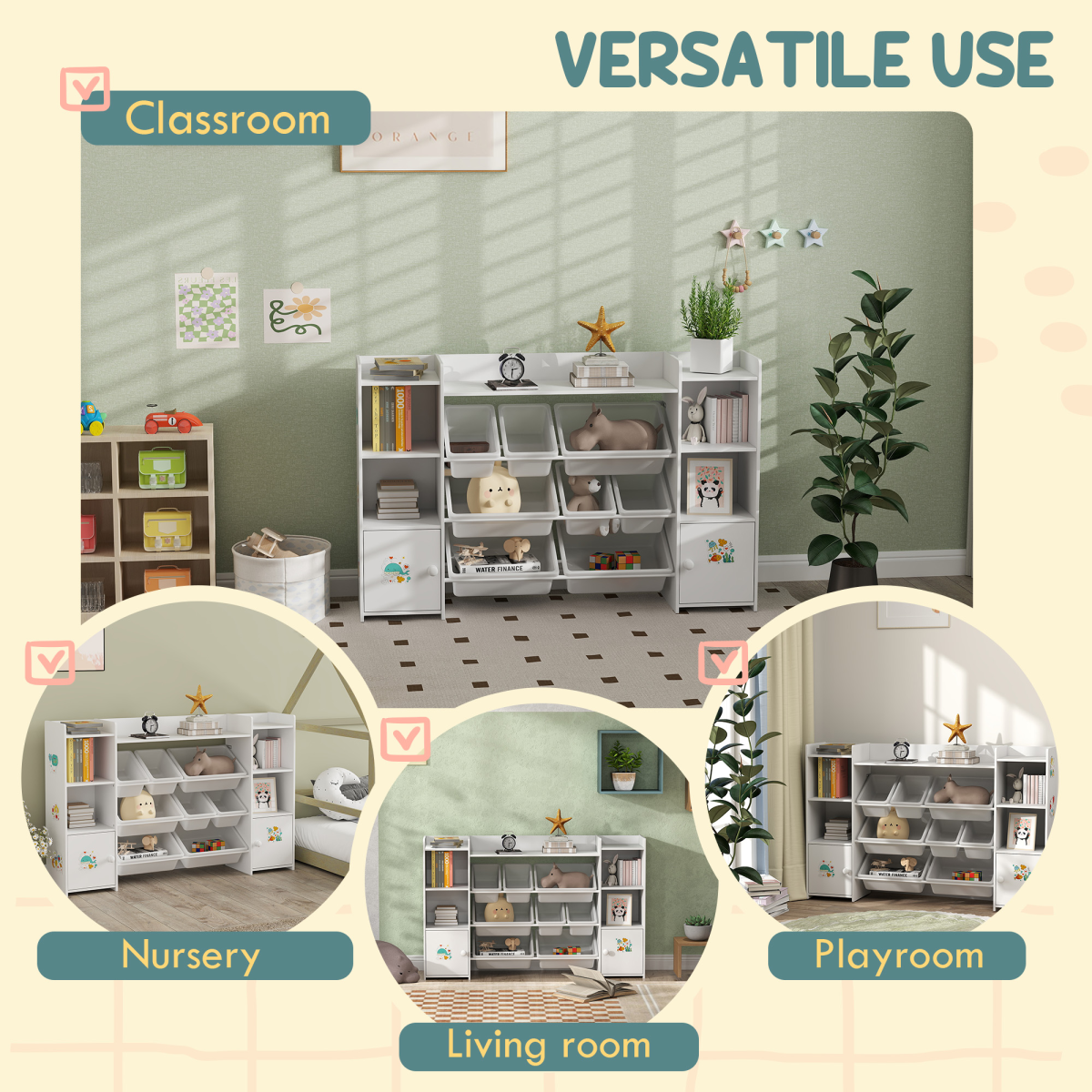 AIYAPLAY Kids Toy Storage Organiser with 8 Removable Bins, Bookcase & Cupboard – White